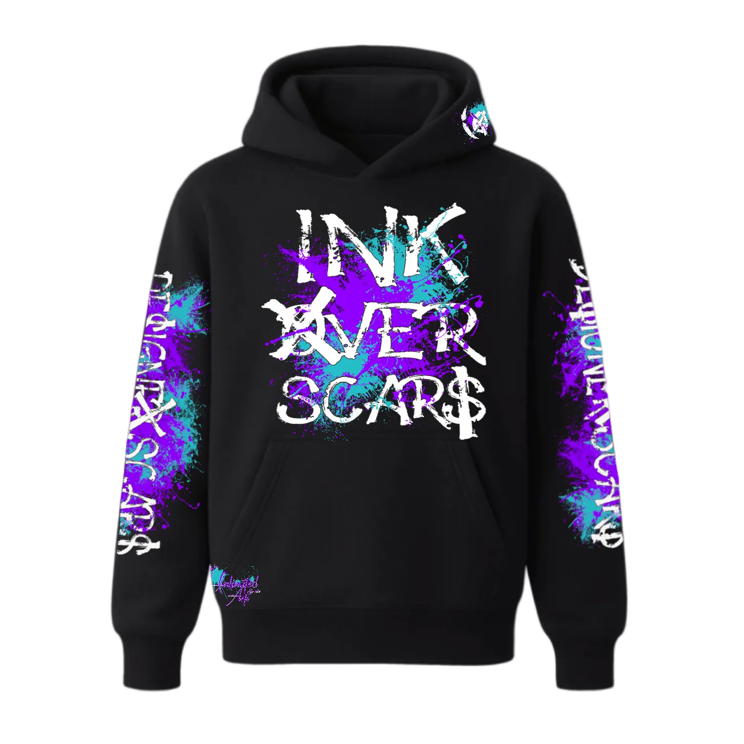 Black hoodie with 'INK OVER SCARS' text and colorful designs on sleeves against a white background