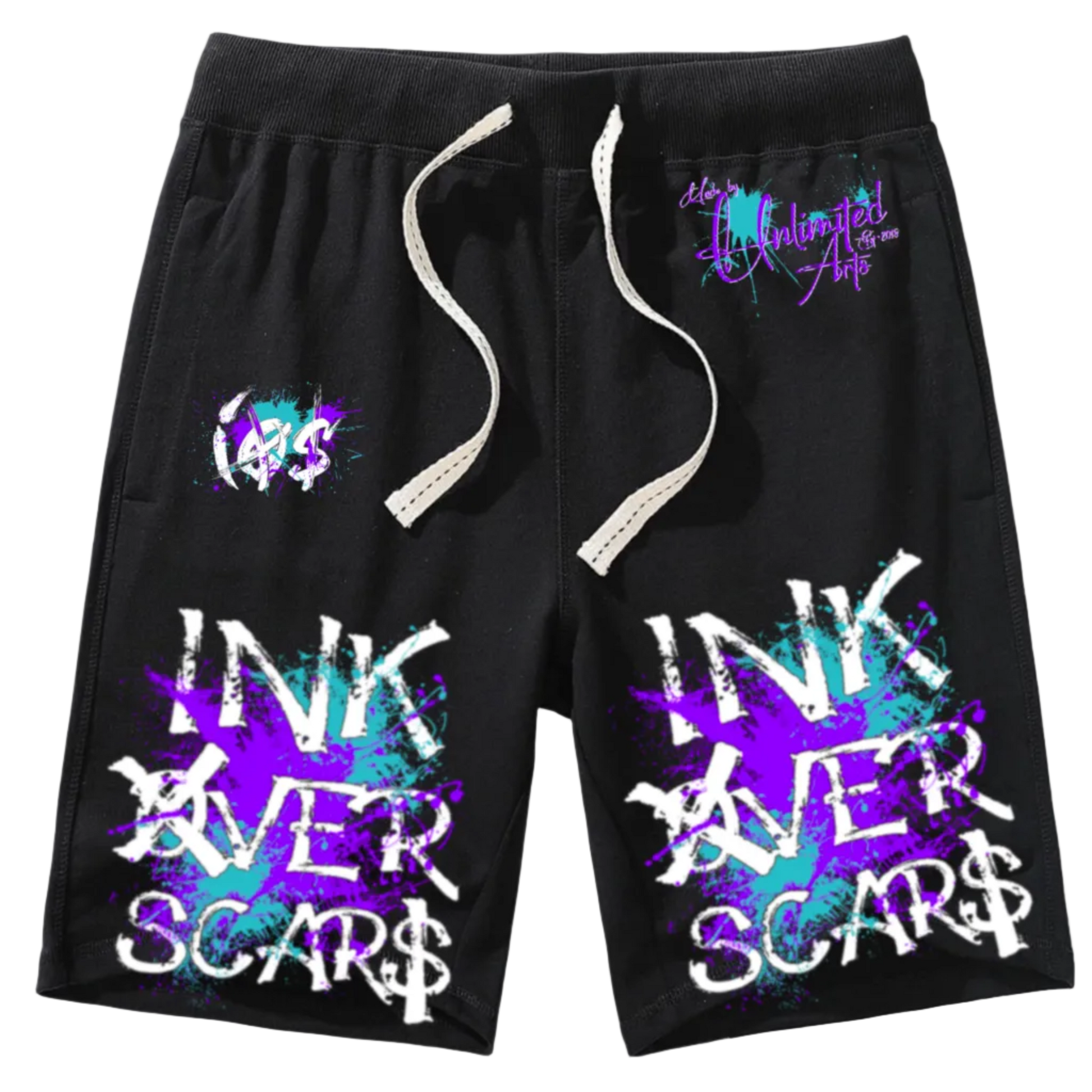 Black shorts with 'INK OVER SCARS' text and colorful designs on a white background