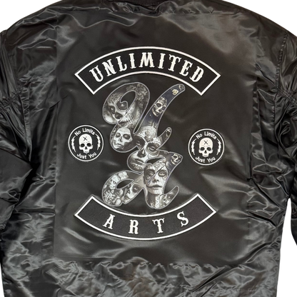 Black bomber jacket with 'Unlimited 94 Arts' logo on the back against a white background