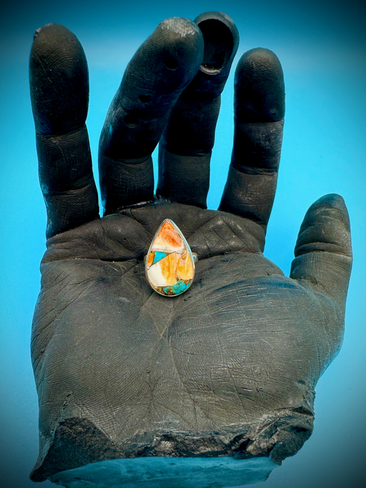 925 Sterling Silver Ring with Spiny Oyster Stone in tear drop shape with orange, cream, turquoise and brown coloring