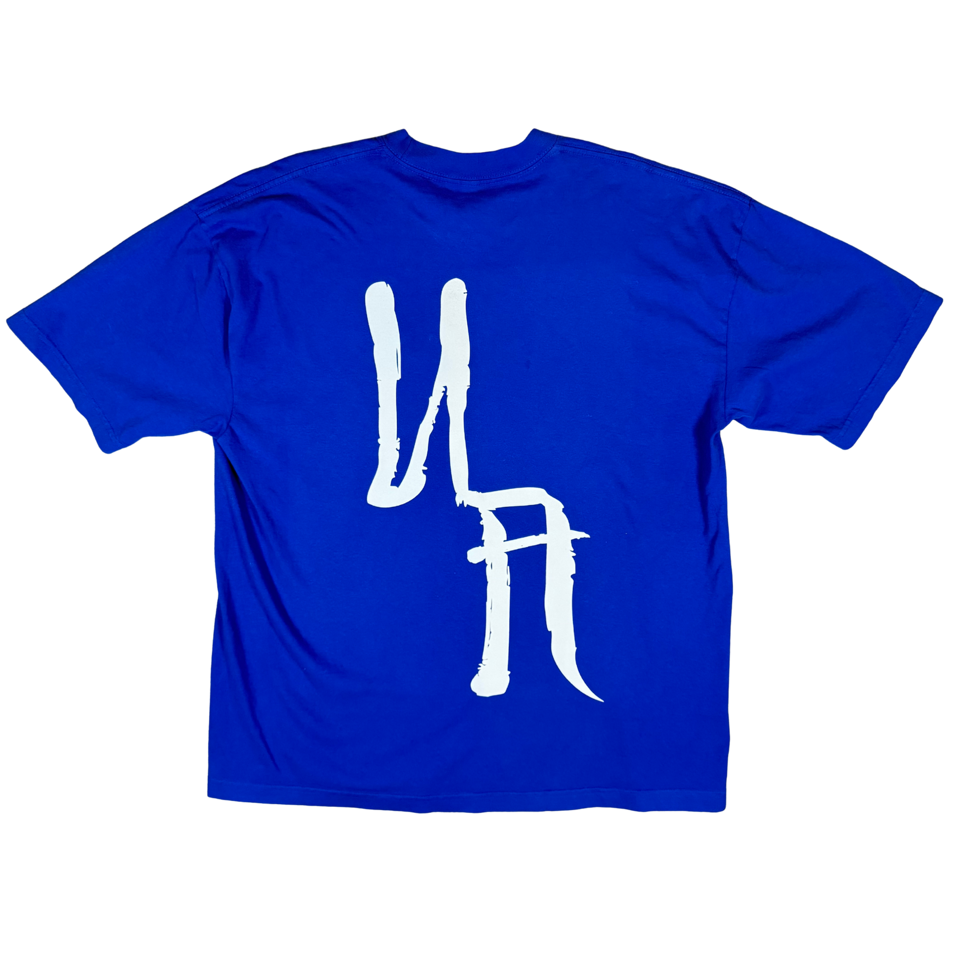 Blue t-shirt featuring oversized white Unlimited Arts Scrawl lettering across the entire back.