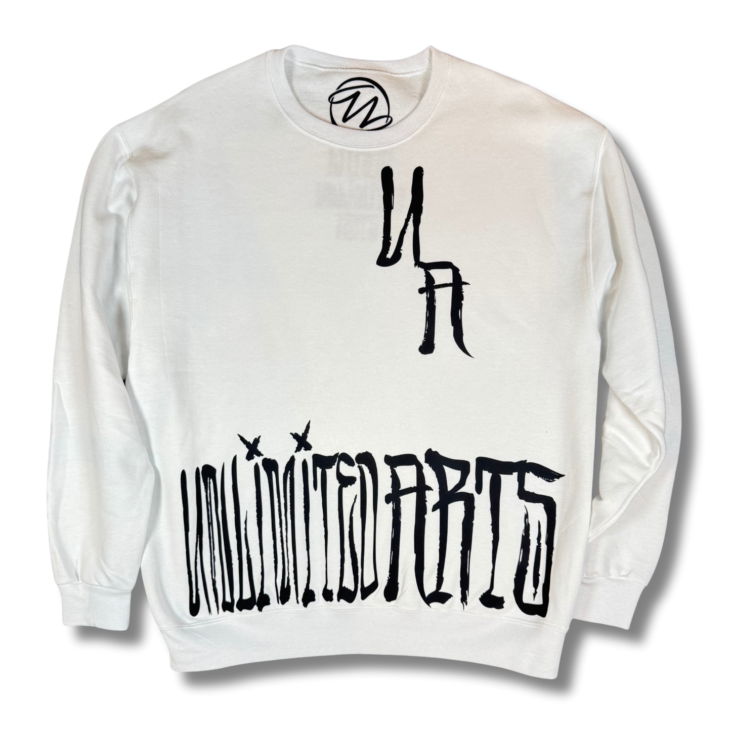 White sweatshirt featuring the UA chest logo and oversized UNLIMITED ARTS Scrawl lettering printed across the lower front.
