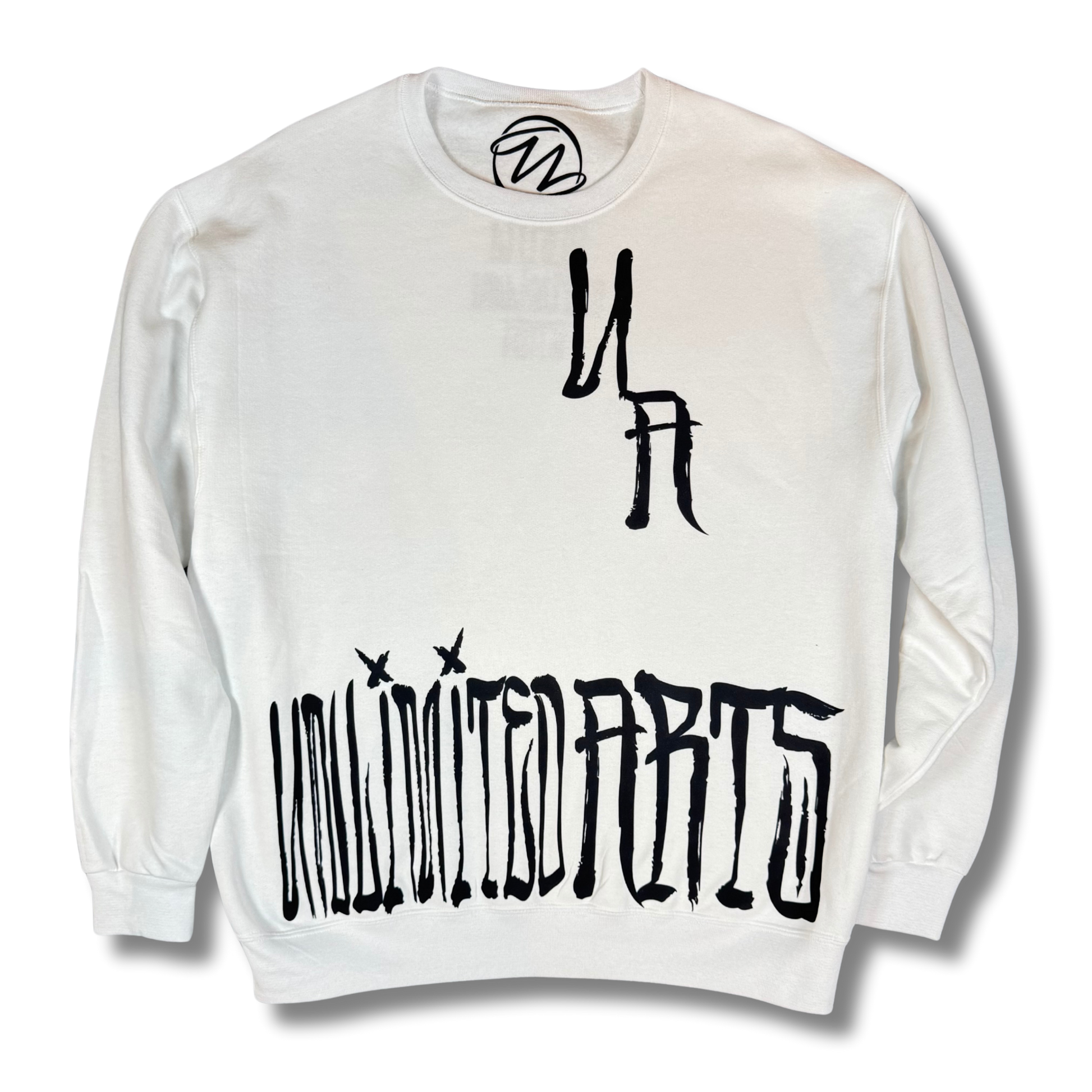 White sweatshirt featuring the UA chest logo and oversized UNLIMITED ARTS Scrawl lettering printed across the lower front.