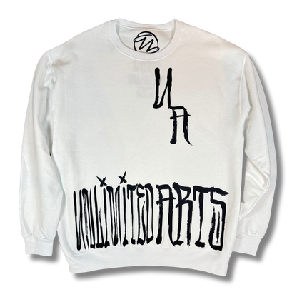 White sweatshirt featuring the UA chest logo and oversized UNLIMITED ARTS Scrawl lettering printed across the lower front.