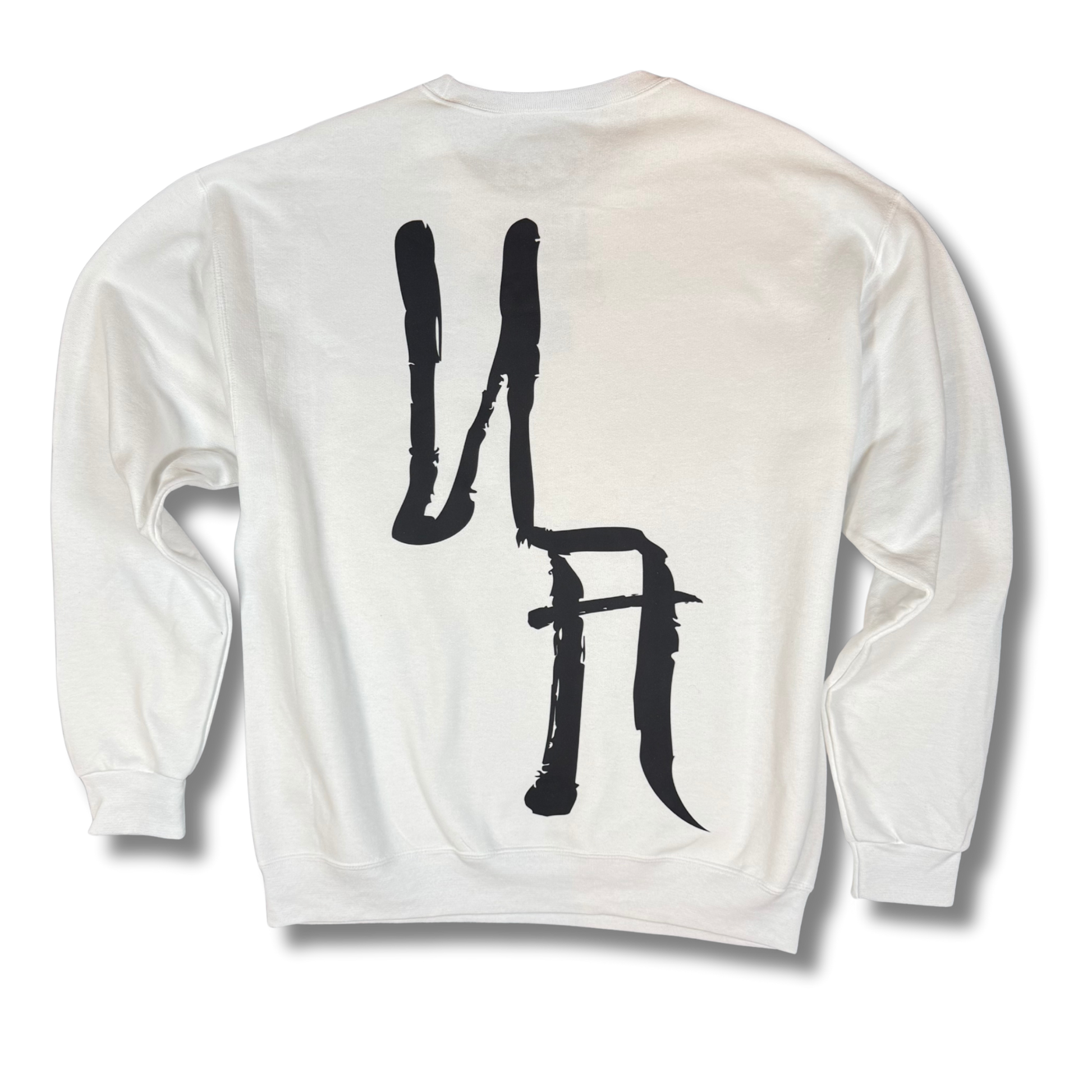 White sweatshirt with large black UA graffiti-style logo printed vertically across the back.