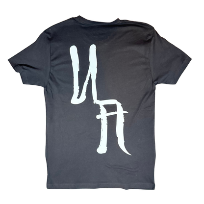 Black t-shirt with a white abstract design on the back against a white background