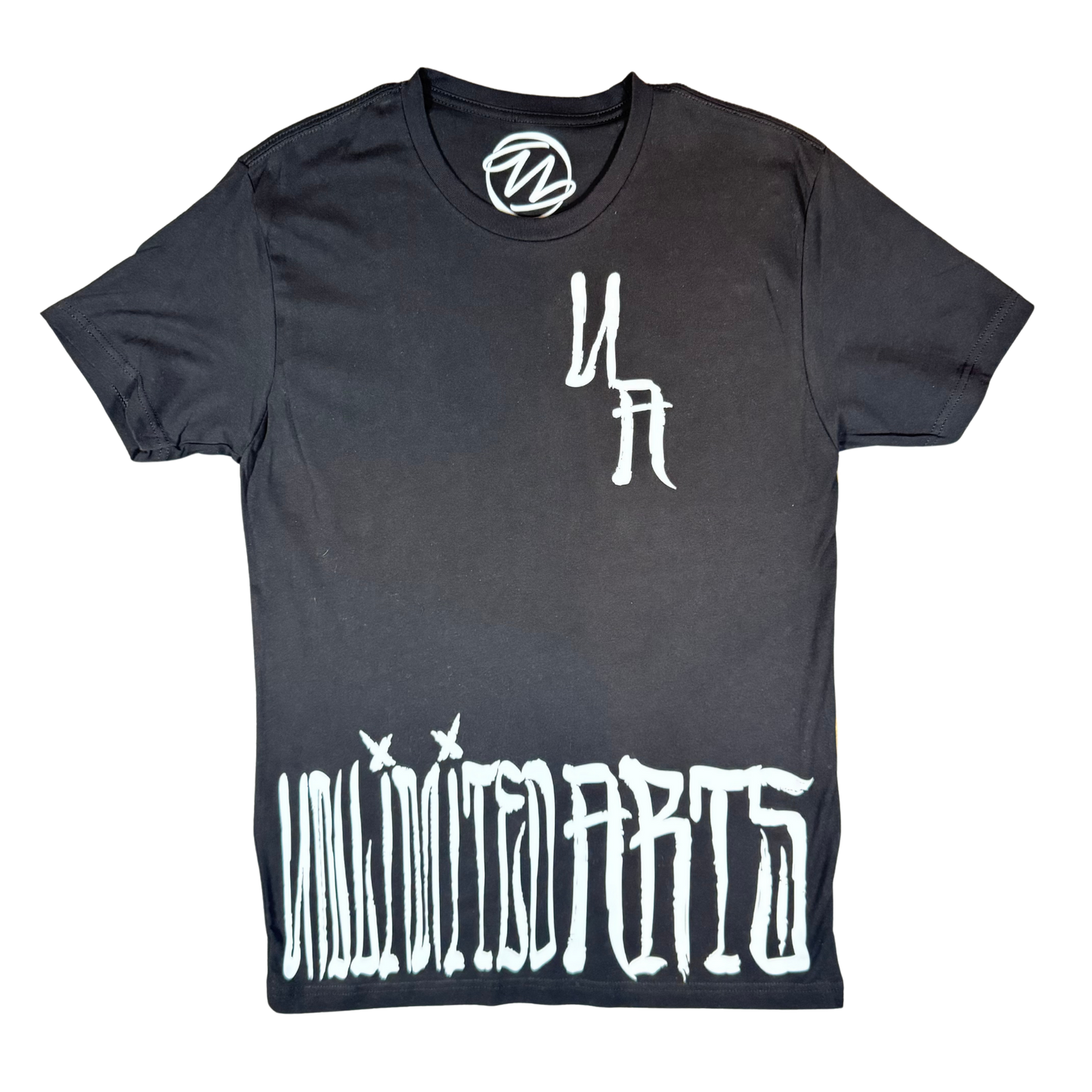 Black t-shirt with white graphics and text on a white background