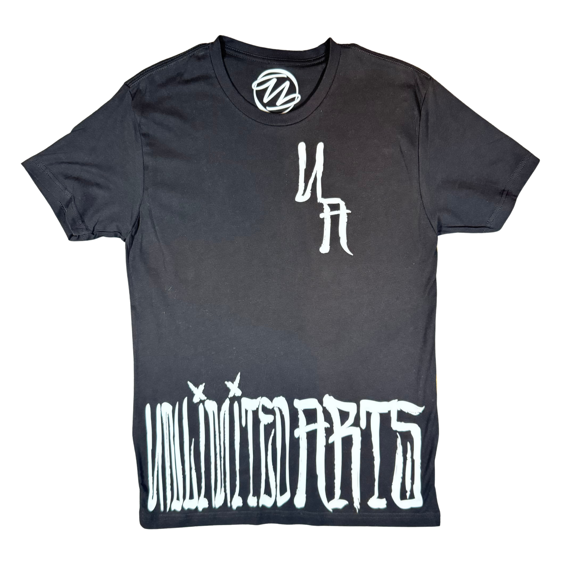 Black t-shirt with white graphics and text on a white background