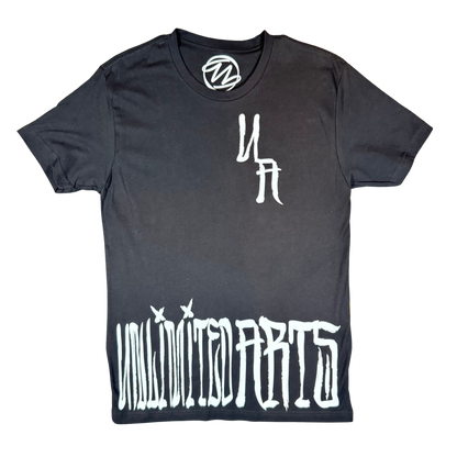 Black t-shirt with white graphics and text on a white background