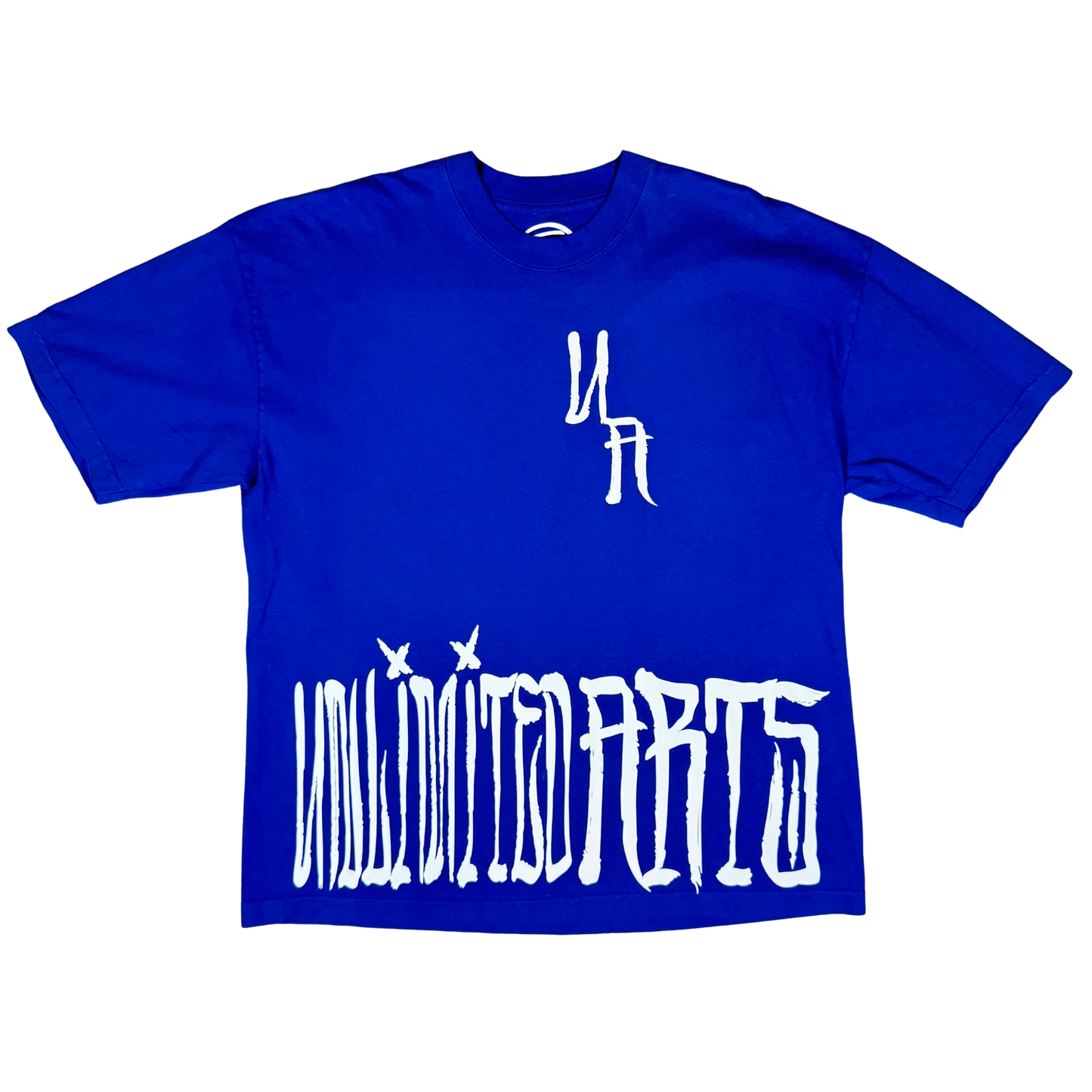 Blue t-shirt featuring oversized white Unlimited Arts Scrawl lettering across the lower front.