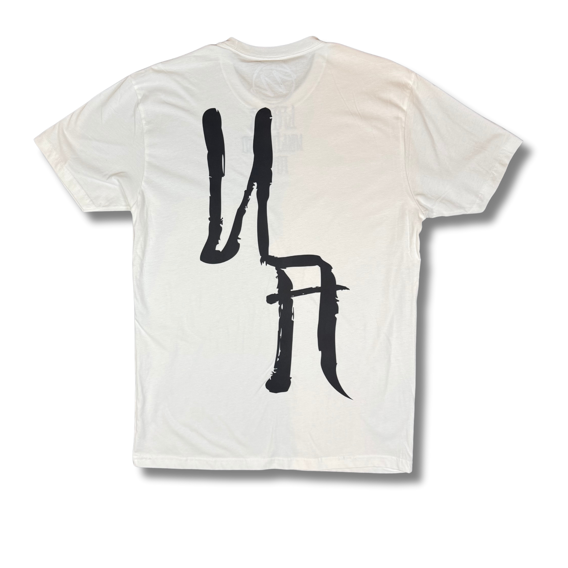 White t-shirt with black abstract design on a white background