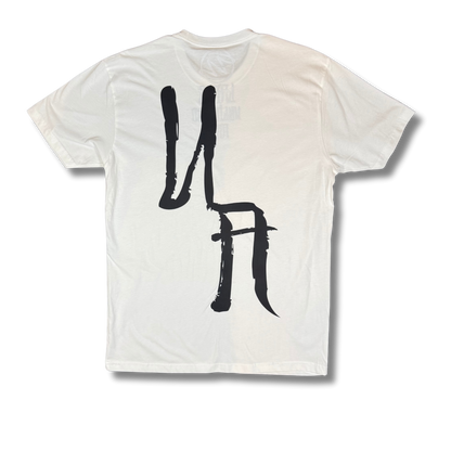 White t-shirt with black abstract design on a white background