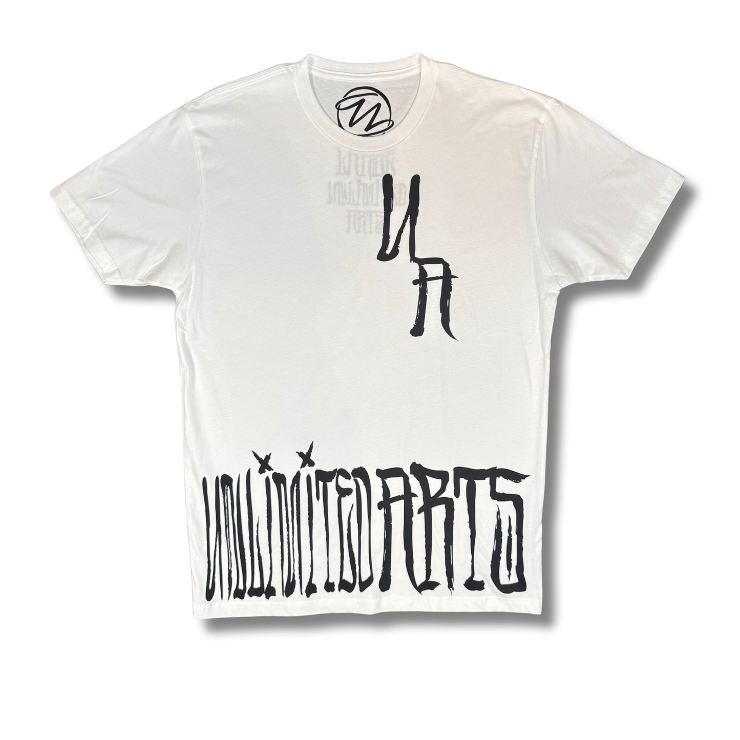 White t-shirt with oversized black Scrawl lettering across the front bottom and small UA chest logo.