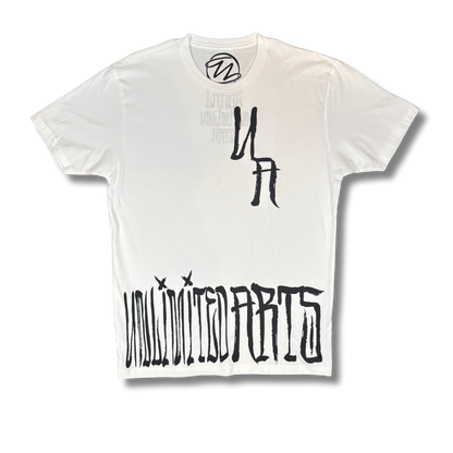 White t-shirt with oversized black Scrawl lettering across the front bottom and small UA chest logo.