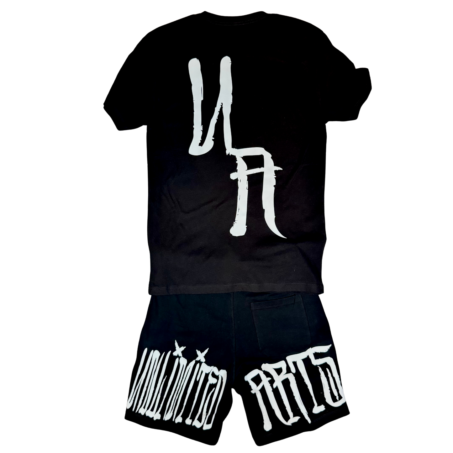 Black t-shirt and shorts set with white graphics on a white background
