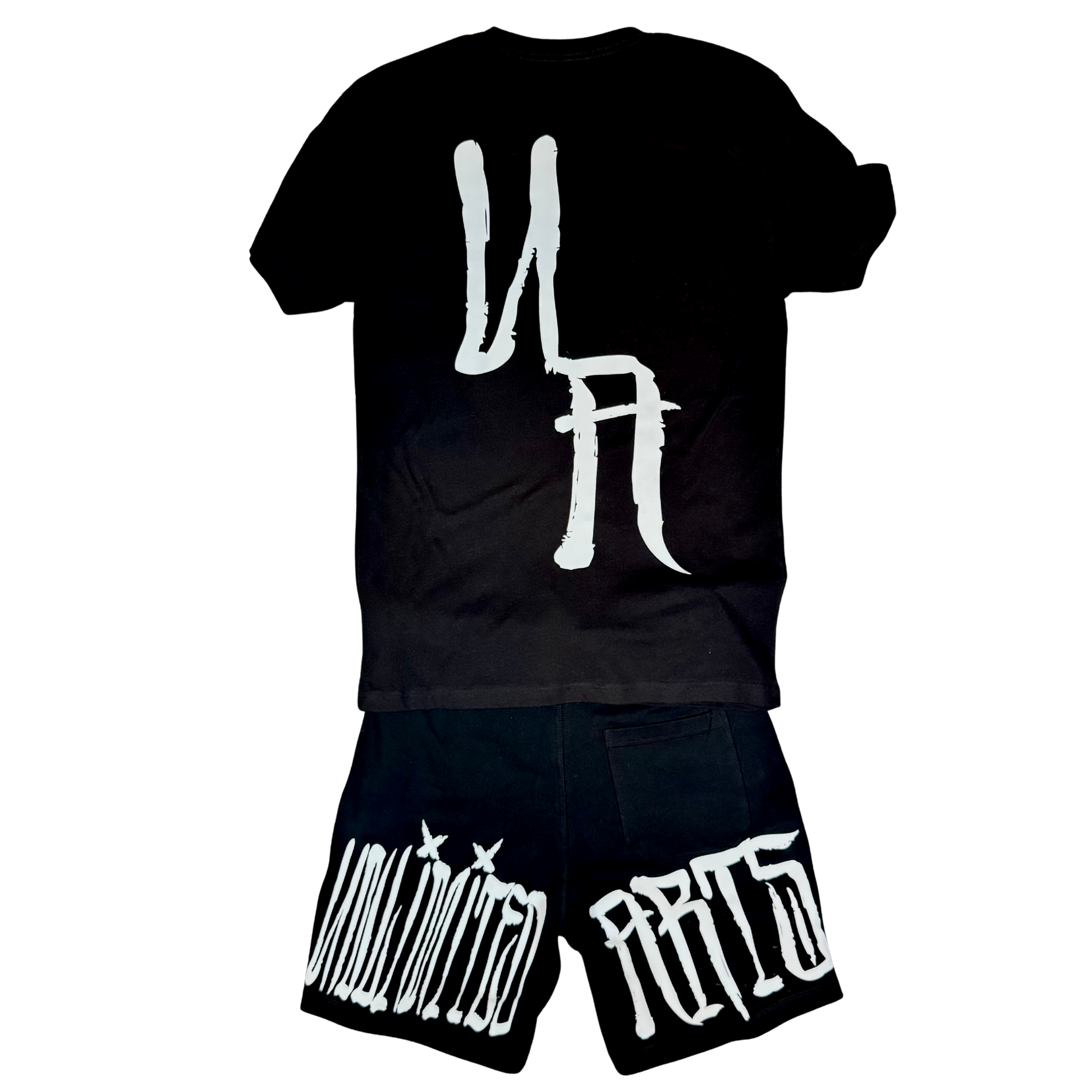 Black t-shirt and shorts set with white graphics on a white background