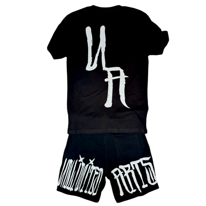 Black t-shirt and shorts set with white graphics on a white background