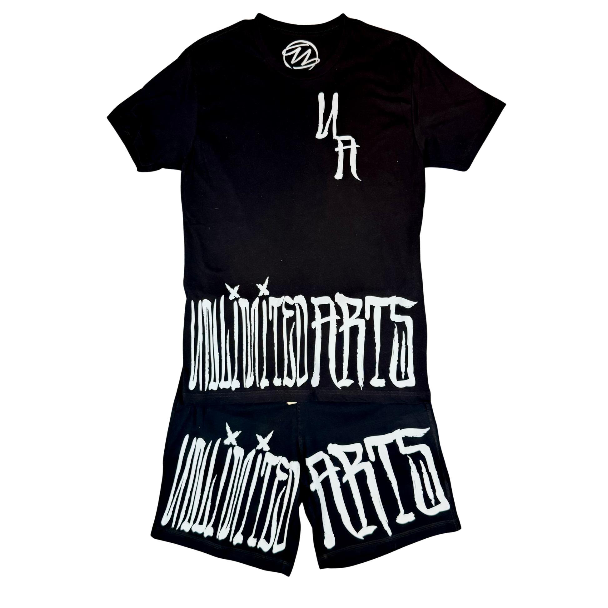 Black t-shirt and shorts set with white text on a white background