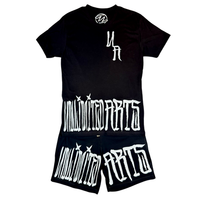 Black t-shirt and shorts set with white text on a white background