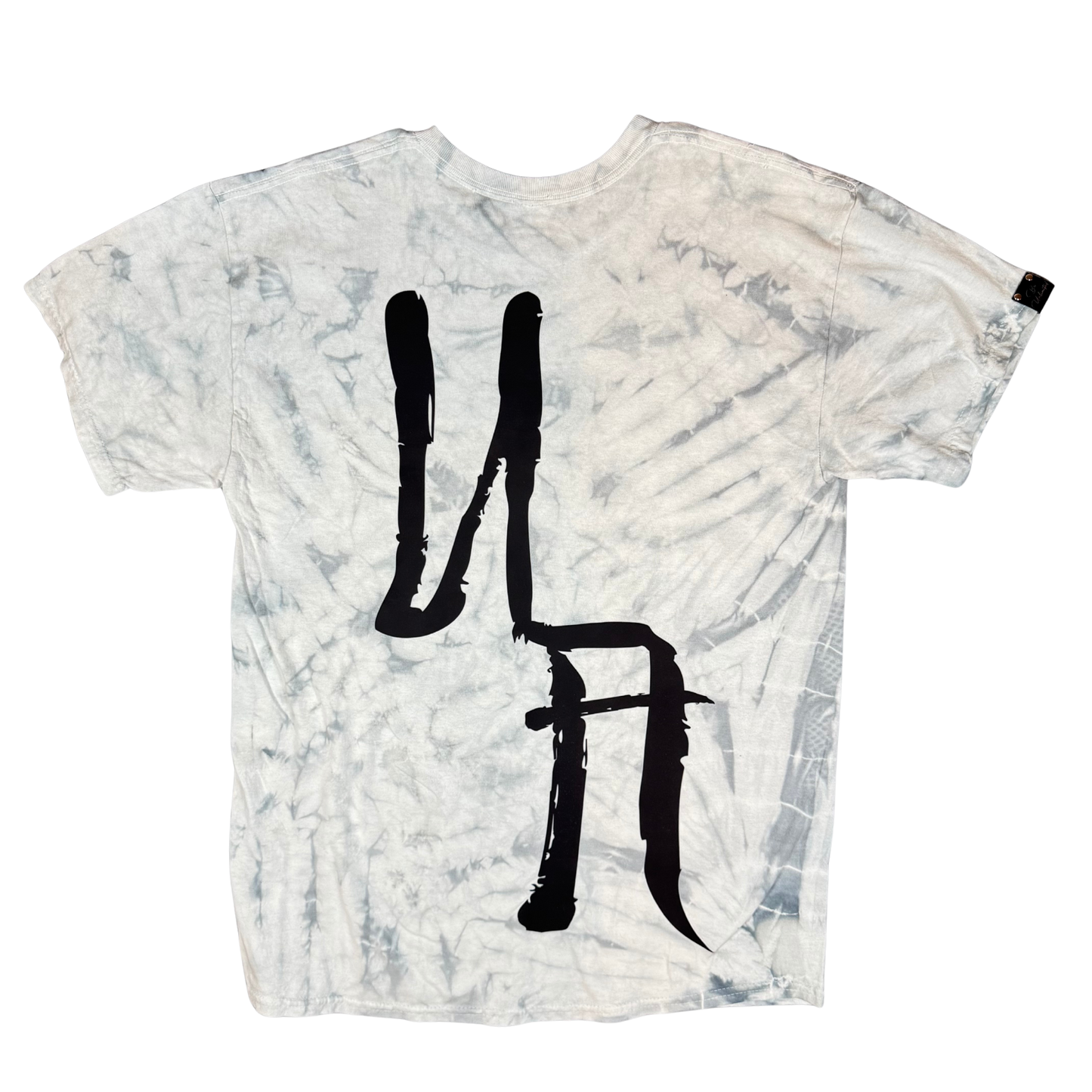 Black and white tie-dye t-shirt with oversized Scrawl graffiti lettering across the entire back.