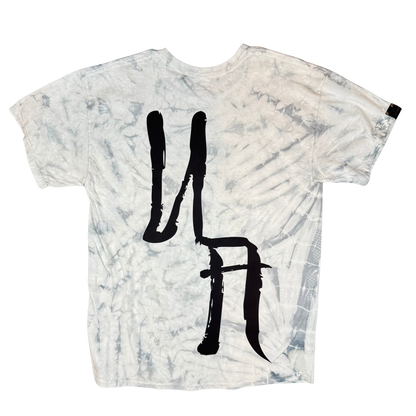 Black and white tie-dye t-shirt with oversized Scrawl graffiti lettering across the entire back.