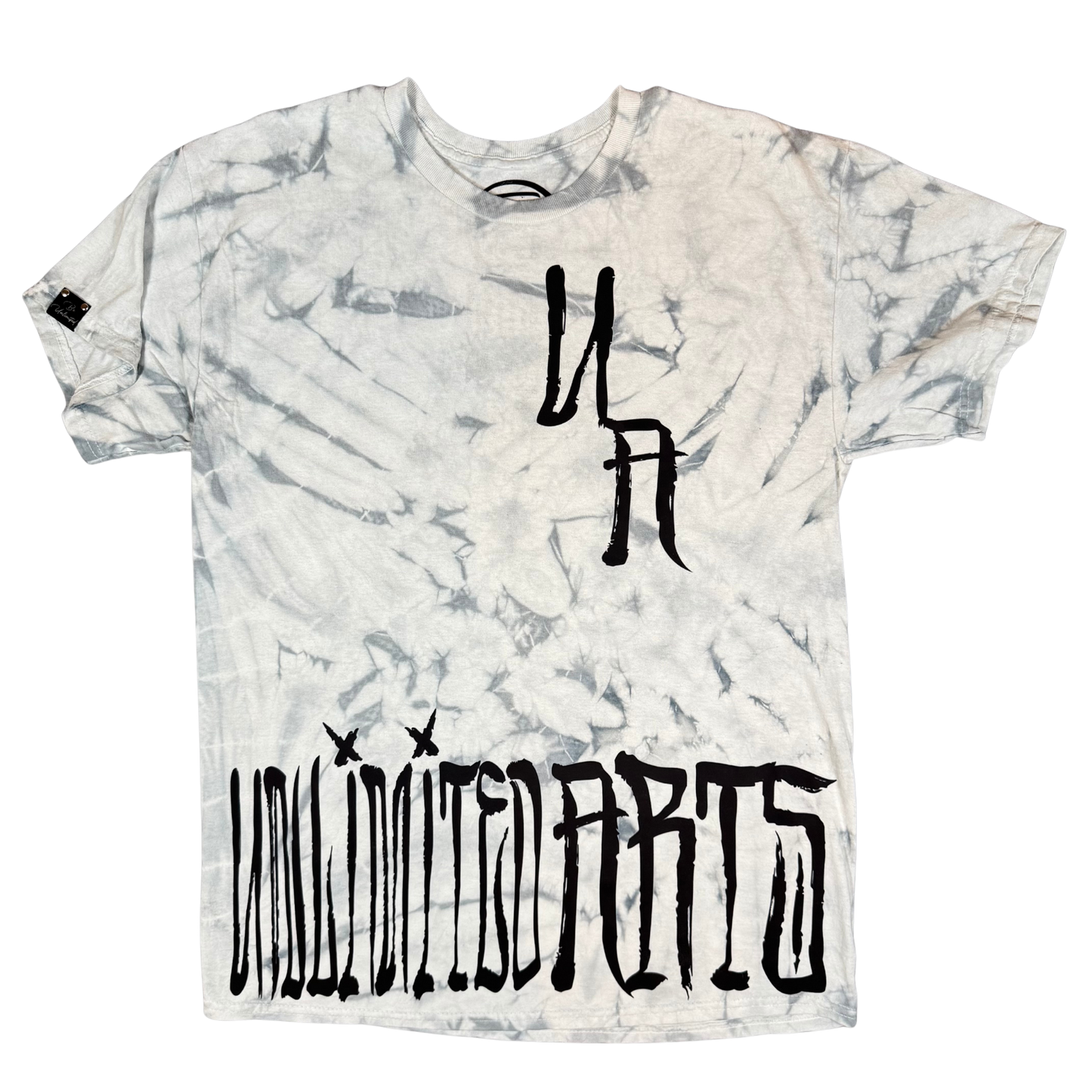 Black and white tie-dye t-shirt with oversized Scrawl graffiti lettering across the lower front.