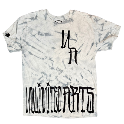 Black and white tie-dye t-shirt with oversized Scrawl graffiti lettering across the lower front.