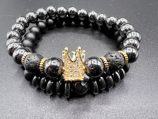 Matte Black & Gold Crown Bracelet Set